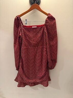 Air Space Red Floral Ruched Mini Dress Square Neck Puff Sleeve Ruffle Hem Size M
